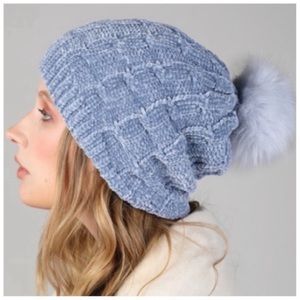Denim blue grey soft chenille fur pom beanie
